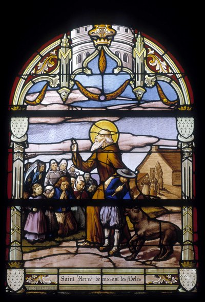 San Hervé bendiciendo a los fieles - vitrales de la iglesia de St Germain en Kerlaz de French School