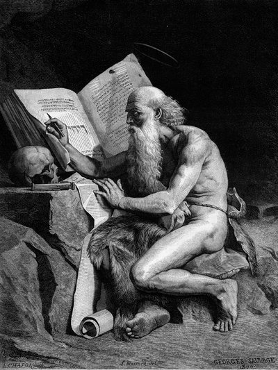 San Jerónimo en el desierto. Grabado después de la pintura de Georges Sauvage (Auguste Albert Georges Sauvage dit). Grabado en “Le Monde Illustré” n°1196 del 28 de febrero de French School