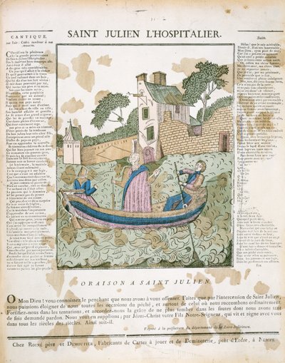 San Julián el Hospitalario remando viajeros a través de un río, ilustración de L