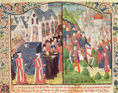 Los funerales de San Luis en París en 1270 y La llegada de Carlos V a Reims en 1364 para ser coronado rey en la catedral, de un manuscrito de las "Crónicas" de Jean Froissart (c.1337-c.1405) (vitela) de French School