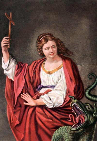 Santa Margarita y el dragón, de un "Conjunto de postales educativas religiosas", c.1950 (litografía en color) de French School