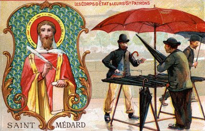 San Médard, patrón de los paragüeros, hacia 1910 (litografía en color) de French School