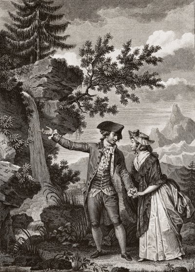 Saint Preux y Julie grabado de 1793 para “Julie ou la nouvelle Heloise” por el filósofo suizo Jean Jacques (Jean-Jacques) Rousseau (1712-1778) - Julie y Saint-Preux, ilustración de 