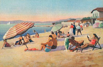 Saint Tropez: La playa de la bullabesa (litografía en color) de French School