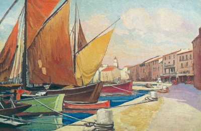 Saint Tropez: Velero en el puerto (litografía en color) de French School