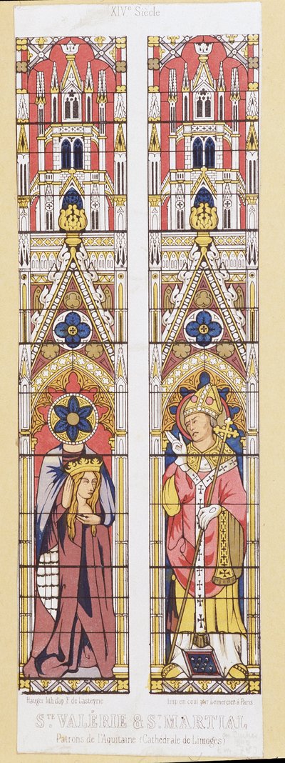 Santa Valeria, virgen y mártir de Limoges (siglo III) y San Marcial, eveque de Limoges (siglo III), patrones de Aquitania. Fac simile que reproduce las vidrieras de la Cathedrale de Limoges. de French School
