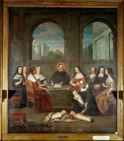 San Vicente de Paúl y las damas de la caridad. Representación de San Vicente de Paúl, sacerdote, fundador del establecimiento de las Hijas de la Caridad en 1634 (1576-1660) rodeado de monjas cuidando a recién nacidos y damas de la caridad. Pintura anónima de French School