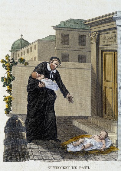 San Vicente de Paúl acogiendo a niños abandonados frente a la iglesia de French School
