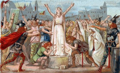 Santa Genoveva, organizó la defensa de París contra las hordas de hunos de Atila y tranquilizó al pueblo de París en 451. Cromolitografía de finales del siglo XIX. de French School