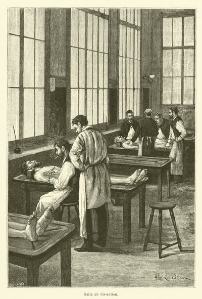 Sala de disección (grabado) de French School