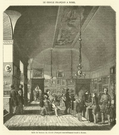 Sala de lectura del Cercle Francais recién fundado en Roma (grabado) de French School