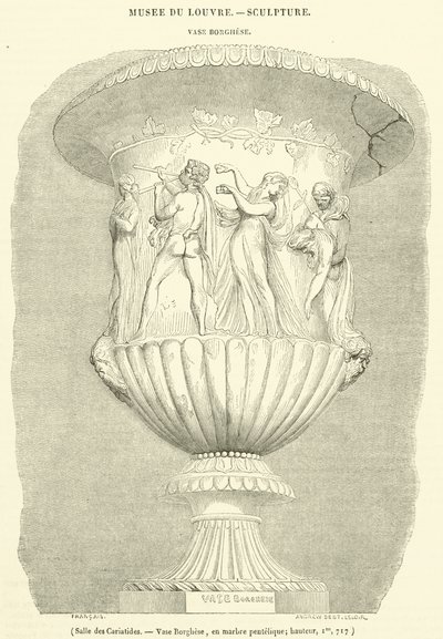 Sala de las Cariátides, Vaso Borghese, en mármol pentélico, altura, 1m, 717 (grabado) de French School