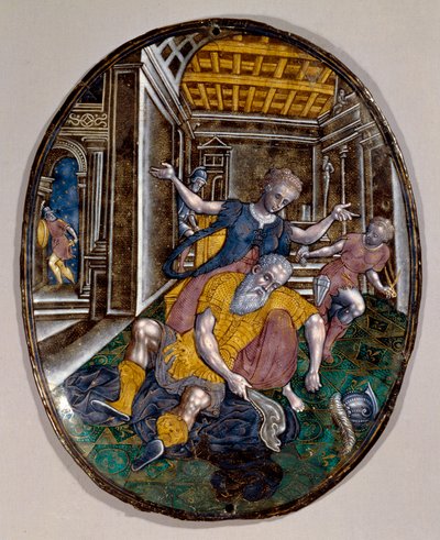 Sansón y Dalila. Sansón pierde su fuerza después de que Dalila le corta el cabello. Libro de Limoges. Aproximadamente 1575. Londres, Museo Victoria y Alberto de French School