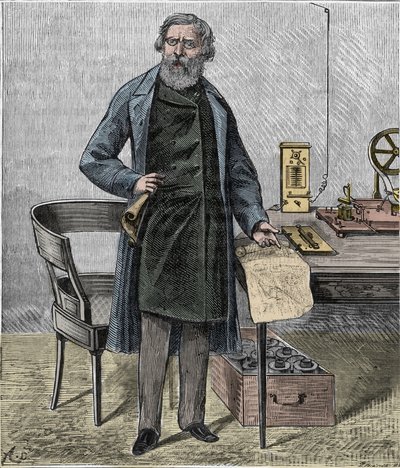 Samuel F B Morse, artista estadounidense e inventor del código Morse - Retrato del inventor estadounidense Samuel Finley Breese Morse (1791-1872) - Grabado en “Ciencias al alcance de todos - física y química” por Alexis Clerc - Finales del siglo XIX de French School