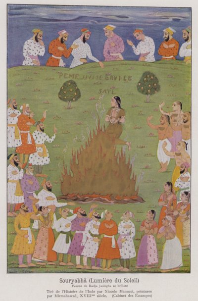 Sati, la tradición de una viuda que se inmola en la pira funeraria de su marido en la India (litografía en color) de French School