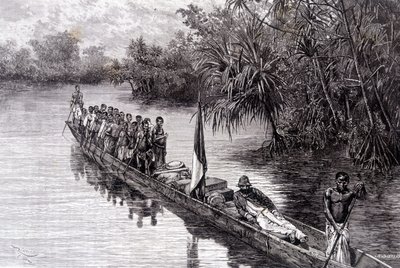 Savorgnan de Brazza en una canoa en el pandanus de África Occidental - en “Tour du Monde”, 2ª semana de 1887 de French School