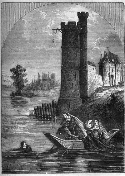 Escándalo (asunto) de la torre de Nesle: Jean Buridan logró escapar de la torre de Nesle en 1314 a pesar de la emboscada tendida por la Reina Margarita de Borgoña (1290-1315). Grabado en “Historia de la prostitución y la depravación entre los pueblos del g de French School