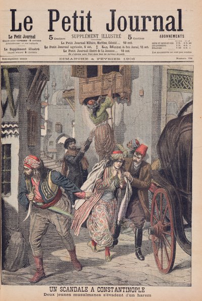 Escándalo en Constantinopla, dos jóvenes musulmanas escapando de un harén, ilustración de 