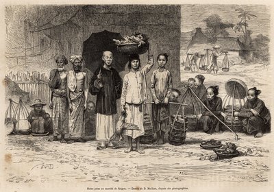 Escena del mercado de Saigón, grabado según un dibujo de D.Maillard, ilustrando el viaje a Cochinchina, por el Doctor Morice, en 1872, publicado en 