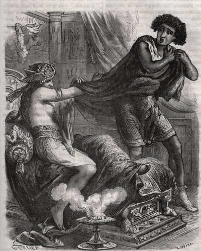 Escena de la Biblia: "Ella agarró al joven demasiado virtuoso por su túnica". La esposa de Putifar intenta seducir a José, un esclavo del faraón. Grabado de 1871 en "Histoire Des Cocus Celebres" de Henry de Kock (1819-1892) de French School