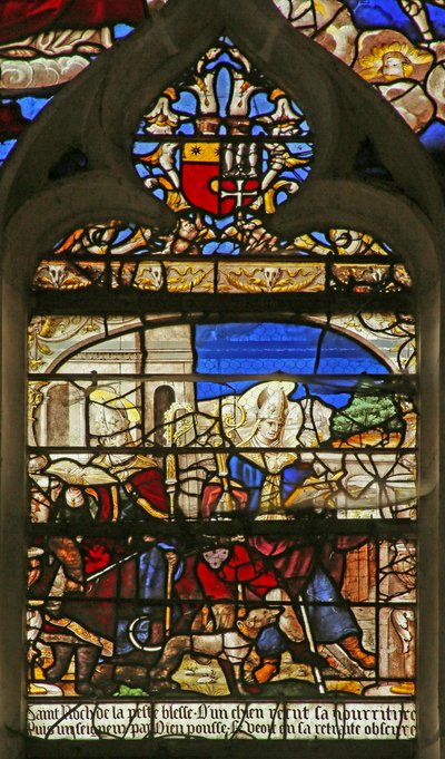 Escena de la vida de San Roque: arriba están los brazos de la familia Le Tartier de French School