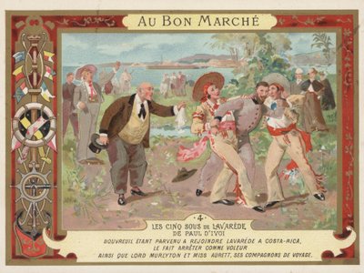 Escena de la novela Les Cinq Sous de Lavarede, de Paul Ivoi (chromolitho) de French School