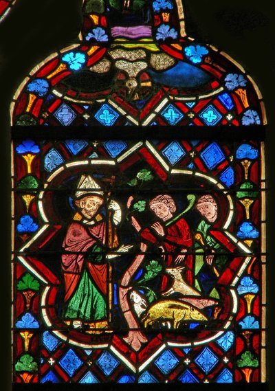 Escena en la ventana E que representa a San Sansón convirtiendo cerdos en cabras de French School