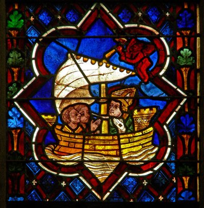 Escena en la ventana E que representa a San Sansón cruzando el Canal de la Mancha de French School