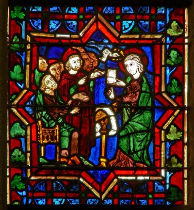 Escena en la ventana E que representa una escena de la vida de Santa Catalina: con los filósofos de French School