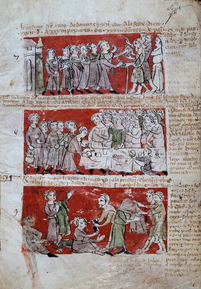 Escena de la vida estudiantil en el Colegio Hubant o Ave María en París. Escenas de la vida estudiantil (comidas, caridad) y reglamentos del colegio. Tiras 7 a 9. Página manuscrita "Libro de los estatutos del Colegio de Hubant o del Ave María" 1387 París,  de French School