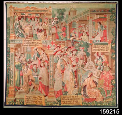 Escenas de la vida de San Remigio: El milagro del testamento del hombre rico y la resurrección de un hombre muerto, 1531 de French School