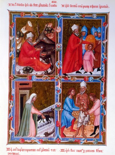 Escenas de la vida de San Blas, facsímil de un manuscrito del siglo XV del Legendaire des Anjou-Hongrie, escuela de Bolonia de French School