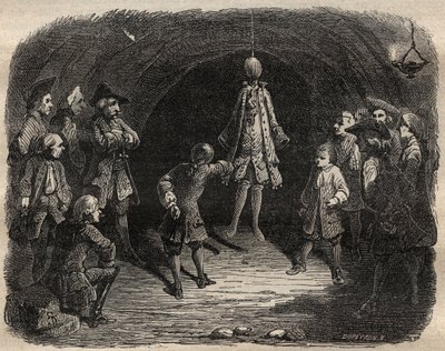 Escuela de ladrones creada por el bandido Louis Dominique Garthausen llamado Cartouche (1693-1721) en una cantera en París: un modelo colgado del techo cuyas bolsas deben vaciarse sin moverse bajo pena de recibir una lluvia de disparos - Escuela de ladrone de French School