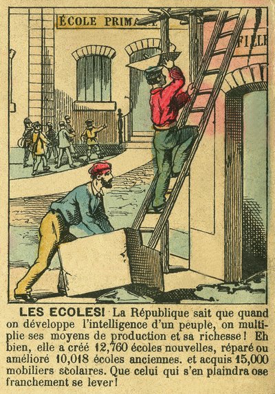 Escuelas, ilustrando los beneficios de la Tercera República para el desarrollo de la educación en las escuelas. Grabado, en "Le Figaro, suplemento", el 30/03/1889, París. Coll. Selva. de French School