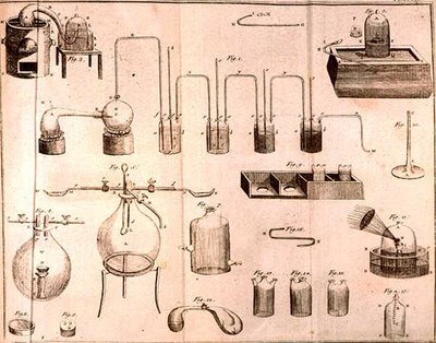 Equipo Científico, de Los Elementos de la Química por Antoine Laurent de Lavoisier (1743-94) grabado por D.Lizars, 1796 de French School