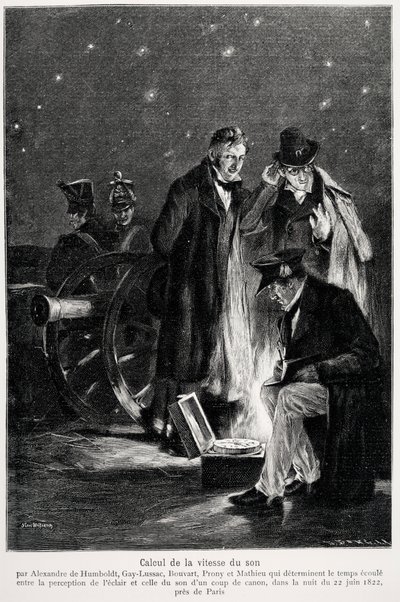 Experimento científico: el cálculo de la velocidad del sonido, por Humboldt, Louis-Joseph Gay-Lussac, Bouvard, Prony y Mathieu, que determinan el tiempo que transcurre entre la percepción de la luz y la de un disparo de cañón, en la noche de French School