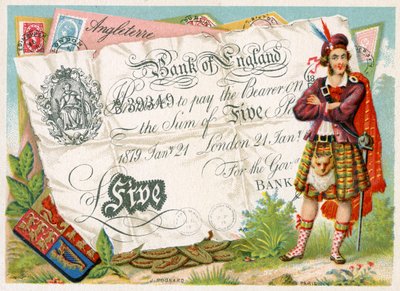 Soldado escocés guardando un billete de cinco libras del Banco de Inglaterra, 1886-95 de French School