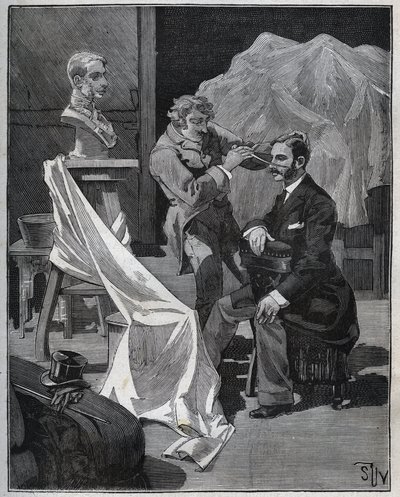 Escultura, taller de un escultor, enfoque y escultura de un busto. Grabado de 1880 en “Les arts et métiers illustrés” por Adolphe BITARD. de French School