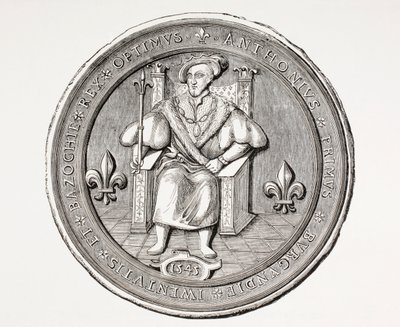 Sello del Rey de la Basoche, líder del gremio de escribanos legales del sistema judicial de París, de Les Arts au Moyen Age, publicado en 1873 de French School