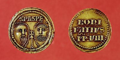 Sello con las cabezas de San Pablo y San Pedro, de una bula del Papa Bonifacio VIII, anverso y reverso, 1295 (cera) de French School