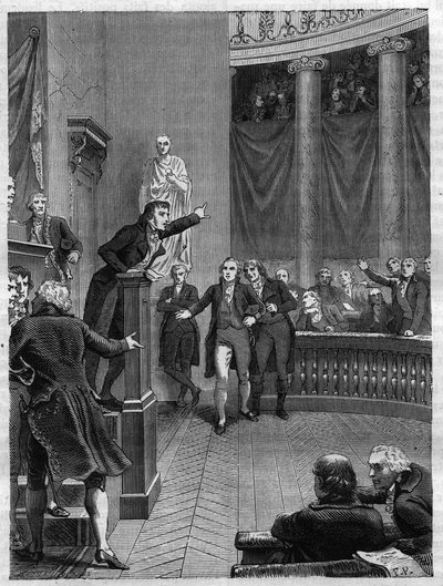 Sesión del Tribunado: discurso de Benjamin Constant (1767-1830) en la tribuna denunciando el régimen establecido por Napoleón, enero de 1800 - Grabado de 1865 en “Histoire du Consulat et de l