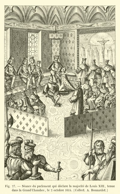 Sesión del parlamento que declara la mayoría de Luis XIII, celebrada en la Gran Cámara, el 2 de octubre de 1614, colección A. Bonnardot de French School