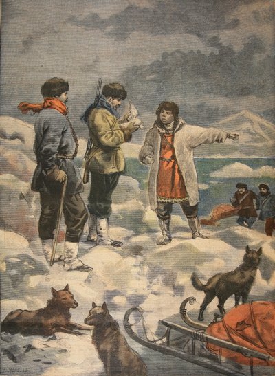 Buscando a Andree, ¡Noticias!, ilustración de Le Petit Journal: Supplement illustre, 1898 de French School