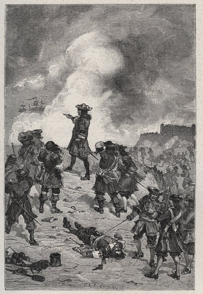Sebastián el Prestre señor de Vauban (1633-1717), mariscal de Francia defiende Brest contra un ataque de la flota inglesa en 1695 - grabado en “Les Hommes Celebres de la France” por Louis Dumas 1889 de French School