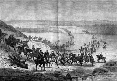 Guerra de Secesión (1861-1865) o Guerra Civil Americana: cruce del Potomac por la caballería sureña del General Stuart. Grabado en 