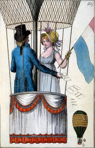 Segundo vuelo de Garnerin con Citoyenne Henri desde Parc Monceau, 8 de julio de 1798, de Costumes Parisiens, c.1798 de French School