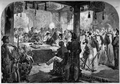 Segunda guerra del opio entre Francia e Inglaterra y China (1858-1860) - firma del Tratado de Tianjin (Tientsin) en 1858: embajadores ingleses y franceses Lord Elgin (James Bruce de French School