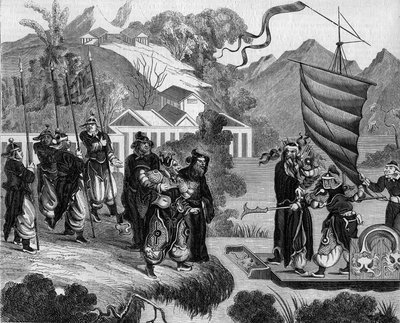 Segunda guerra del opio entre Francia e Inglaterra y China (1858-1860): caricatura china del conflicto. Un barco está listo para acercarse a la costa bajo la mirada burlona de un grupo de chinos. A bordo del barco, dos personajes que representan a Francia  de French School