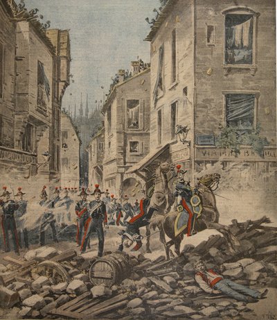 Graves problemas en Italia: disturbios en Milán, ilustración de Le Petit Journal: Suplemento ilustrado, 22 de mayo de 1898 de French School