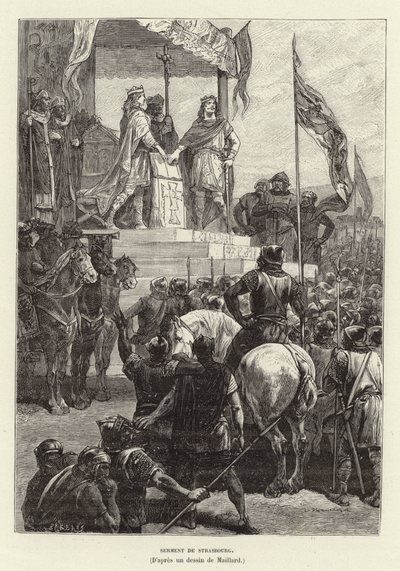 Juramento de Estrasburgo. Alianza entre Luis el Germánico y Carlos el Calvo, reyes de Francia Oriental y Occidental, 842 (grabado) de French School